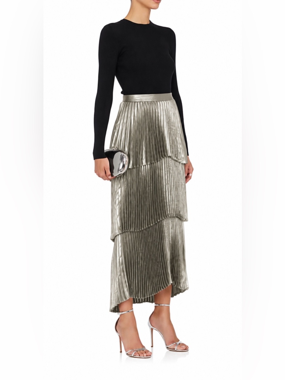 A.L.C. Harley Metallic Pleated Tiered Midi Skirt Silver Gold Women’s Size 6